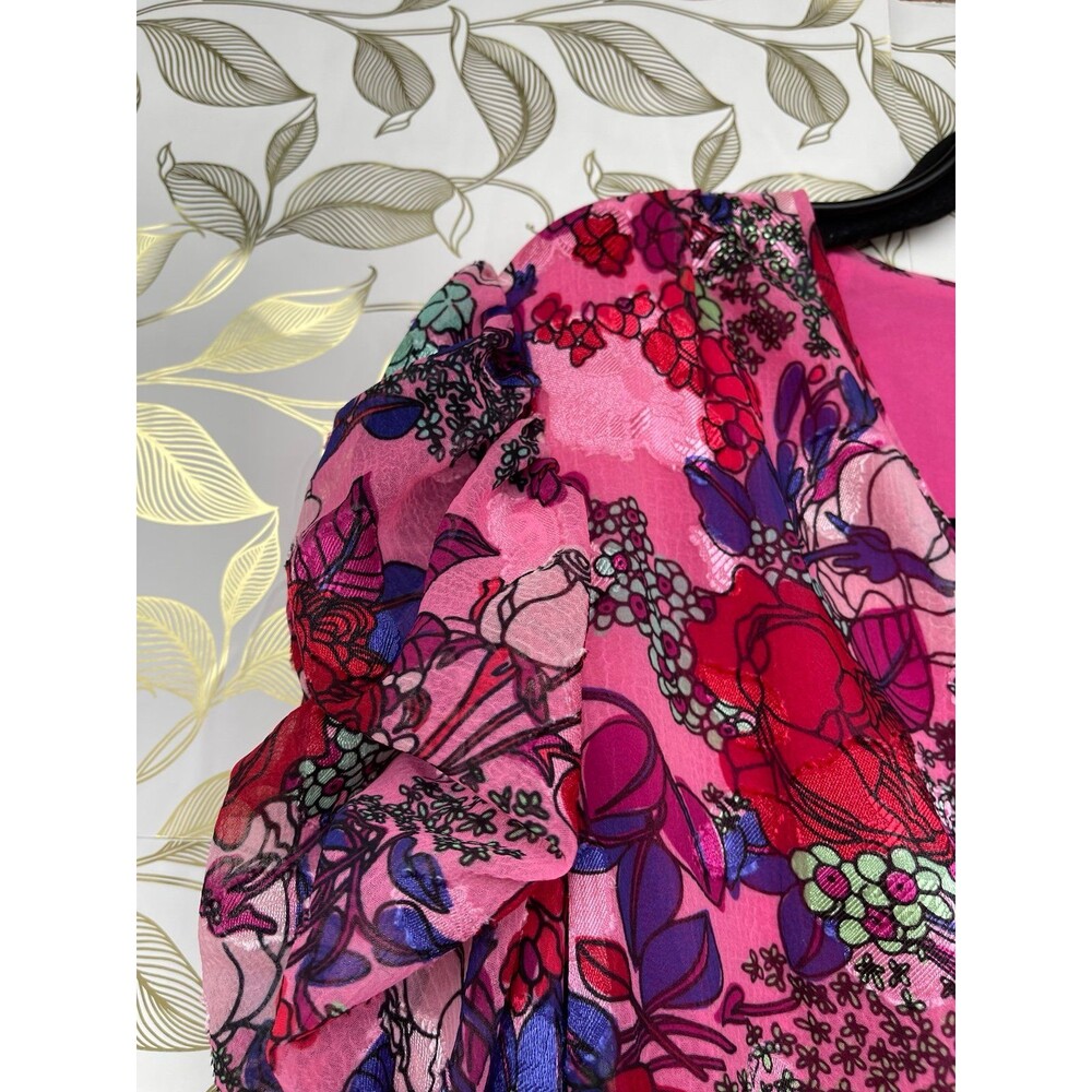 Tanya Taylor Pink Floral Silk-Look Wrap Dress Puff Sleeve Romantic Gardencore 12 - Picture 5 of 12